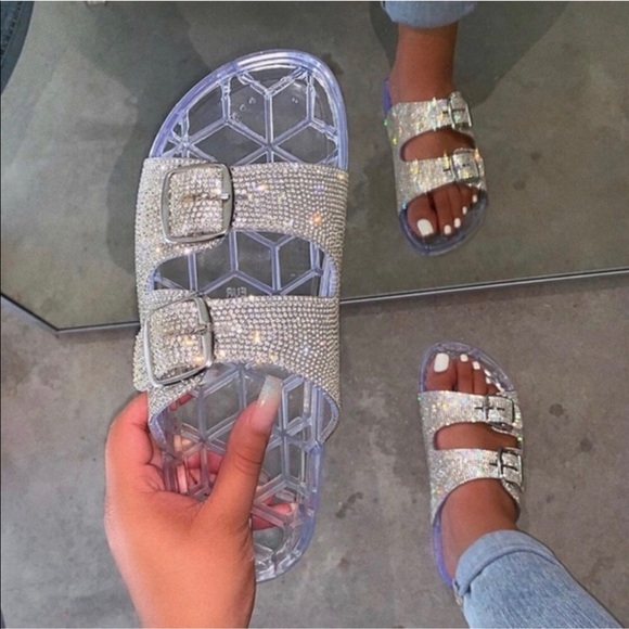 NIB Double Buckle Sparkle Clear jelly Sandal slide - Picture 6 of 6